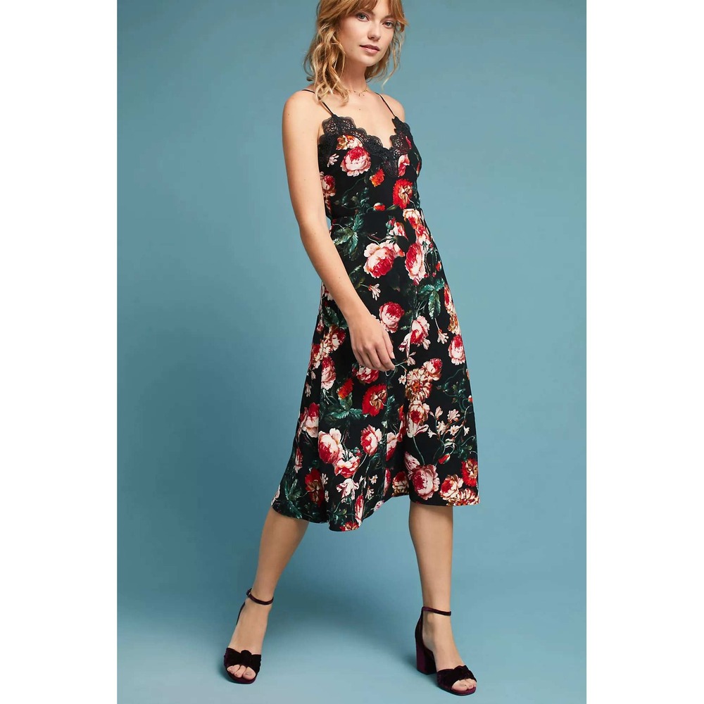 Anthropologie Foxiedox Autumnal Slip Dress Womens Medium NWT Lace Trim Midi